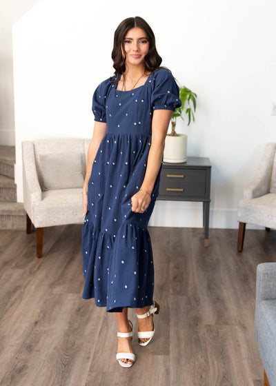 Navy embroidered floral dress with short sleeves