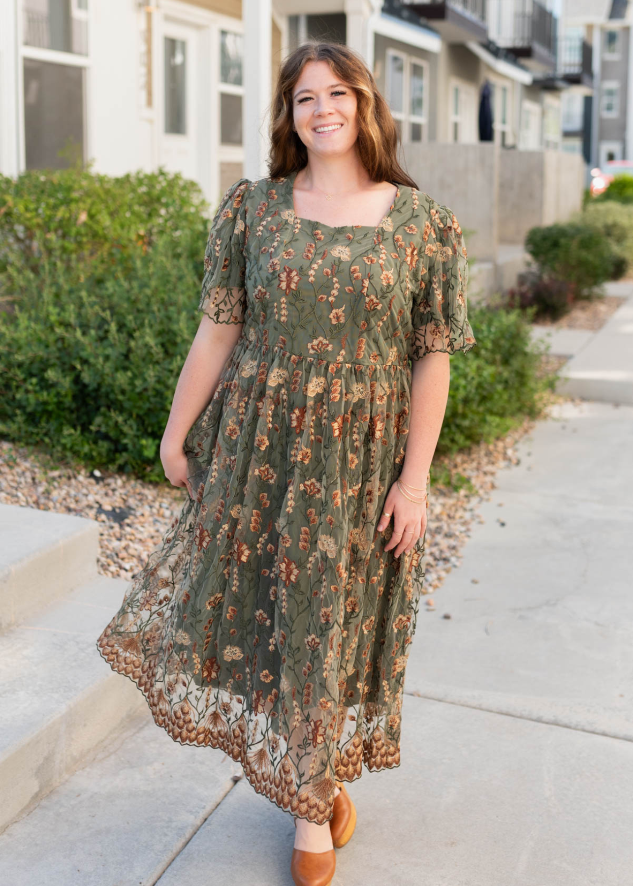 Plus size olive embroidered dress with short sleeves