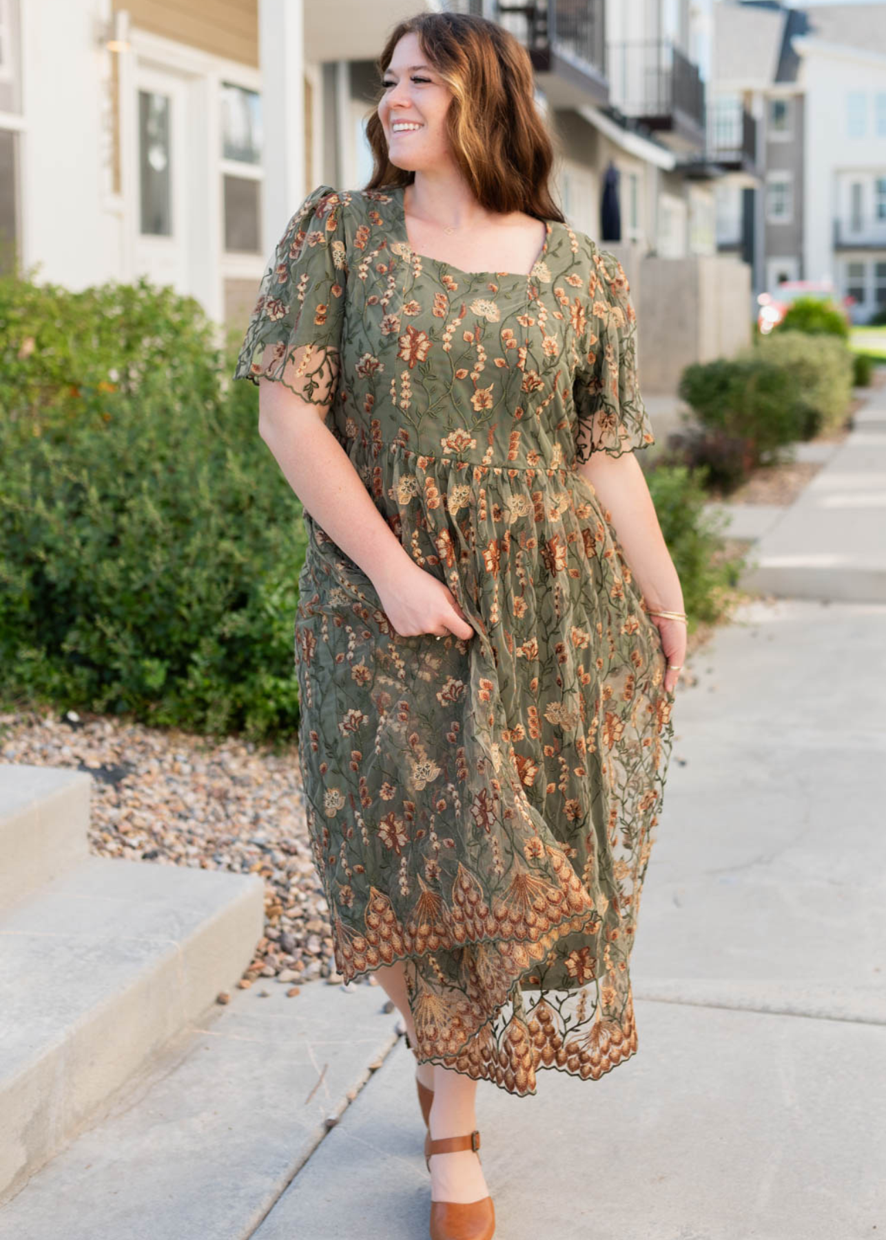 Olive embroidered dress in plus size