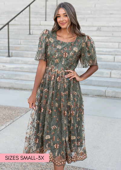 Olive embroidered dress with short sleeves