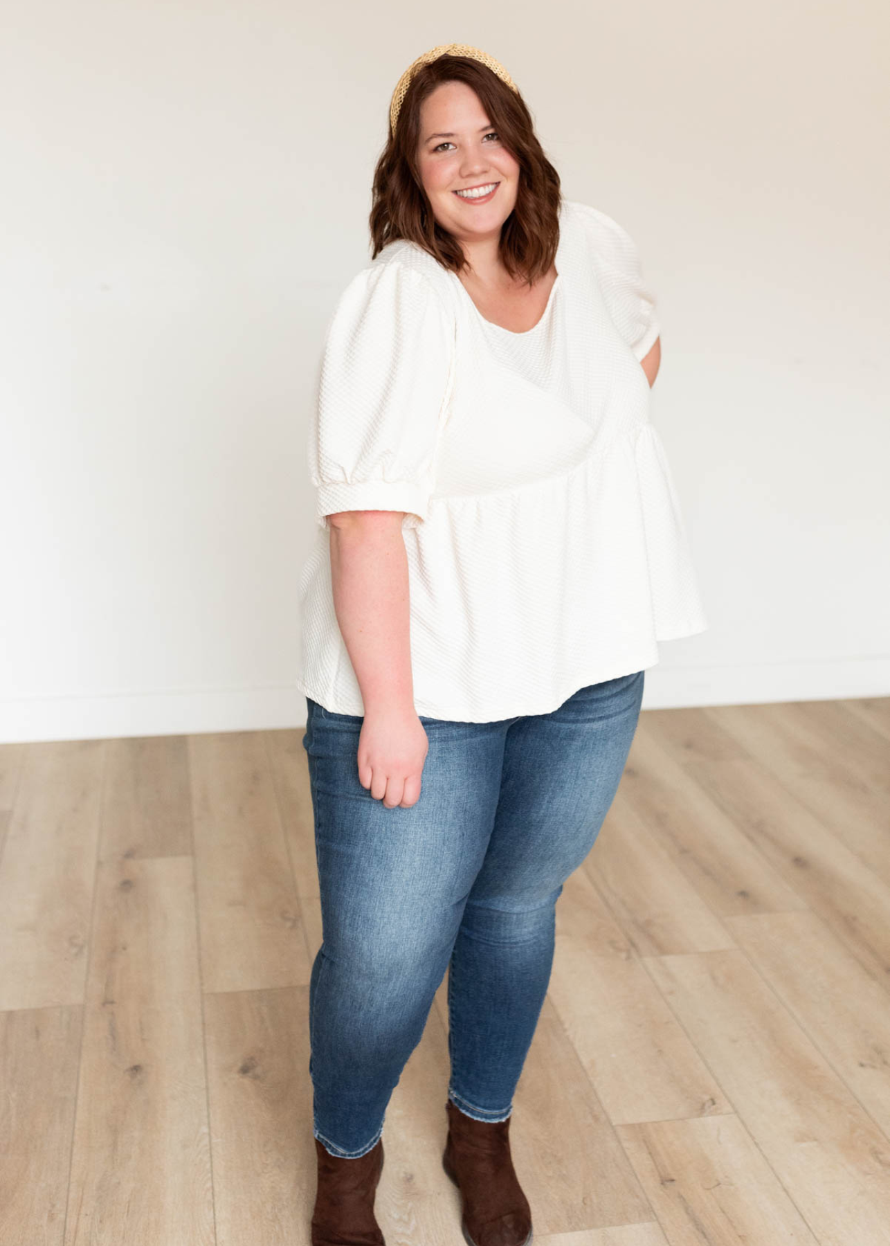 Plus size cream ruffle top