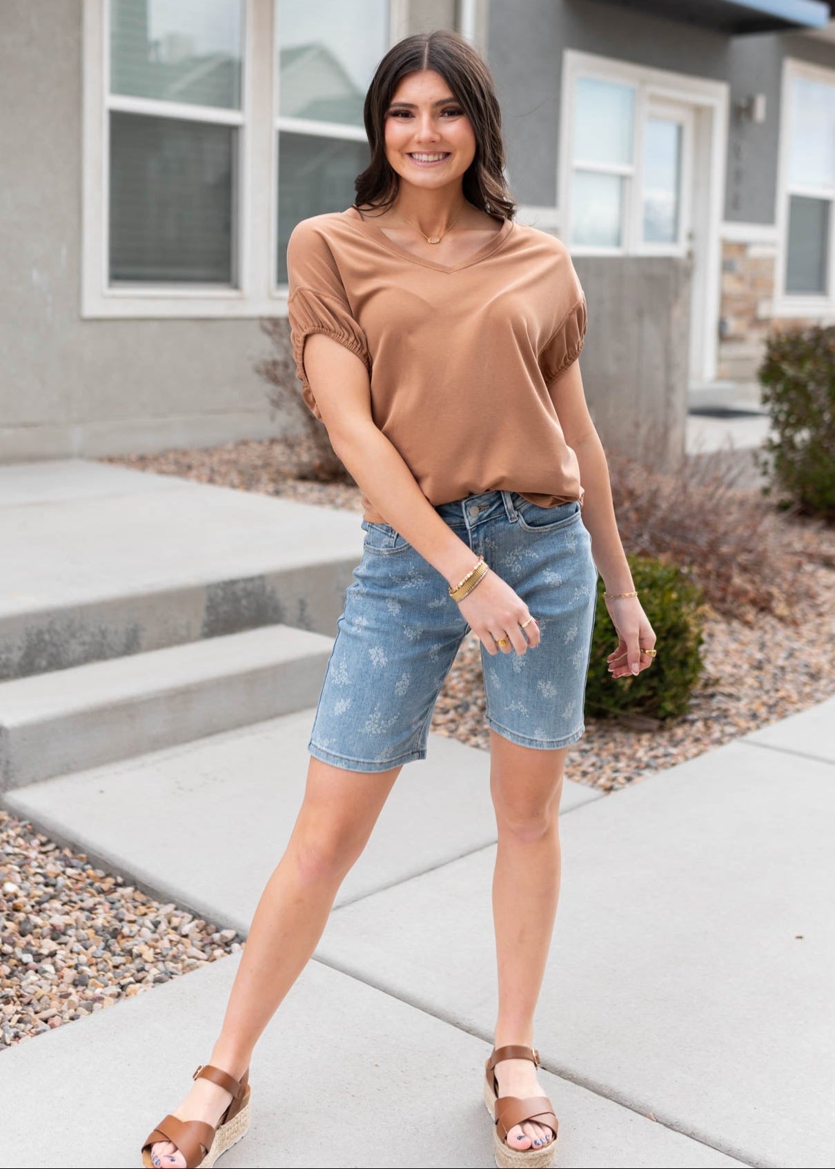 Light mocha top with short sleeves