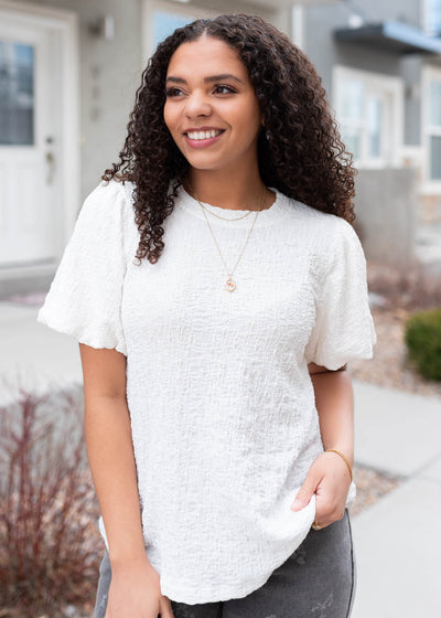 Short puff sleeve ivory textured top