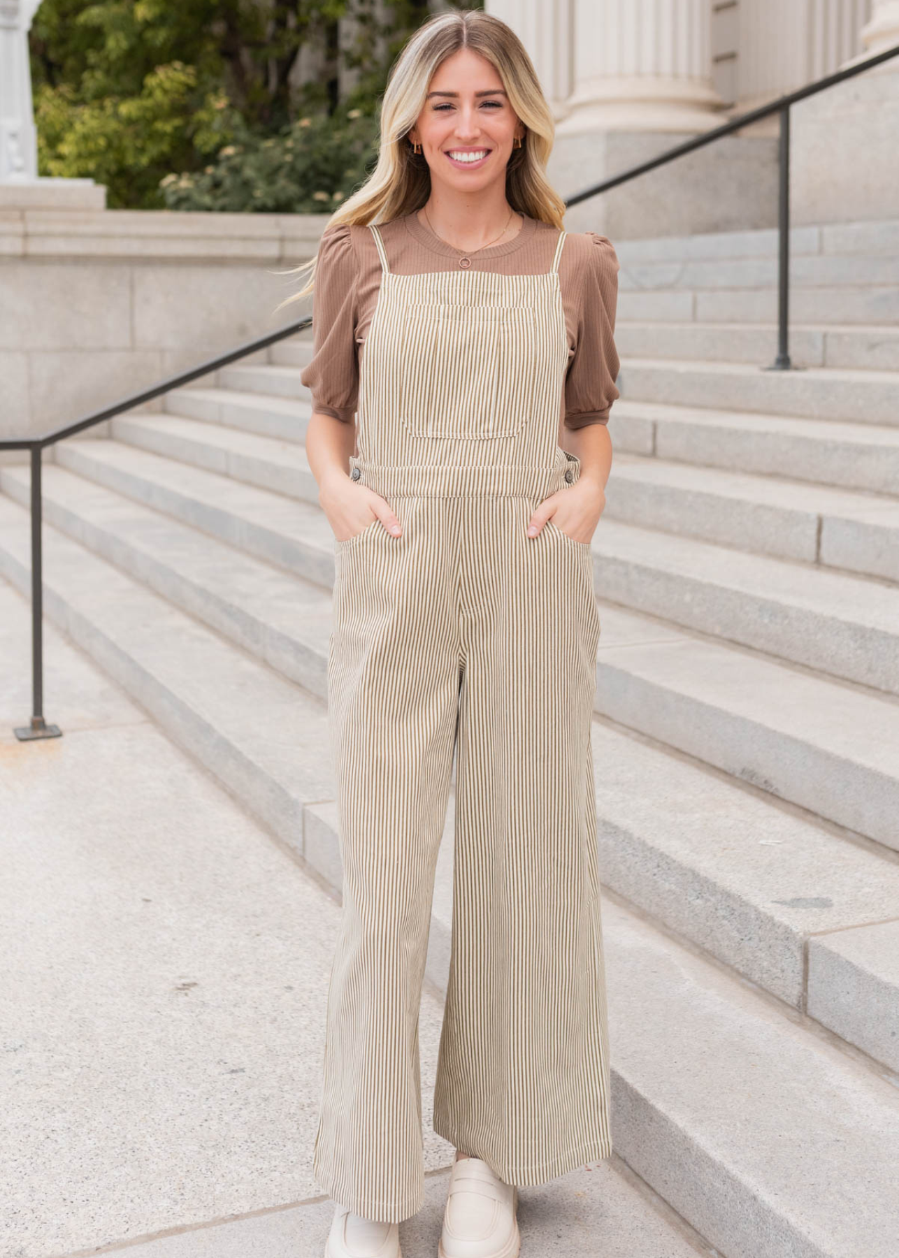 Wide leg olive stripe overalls