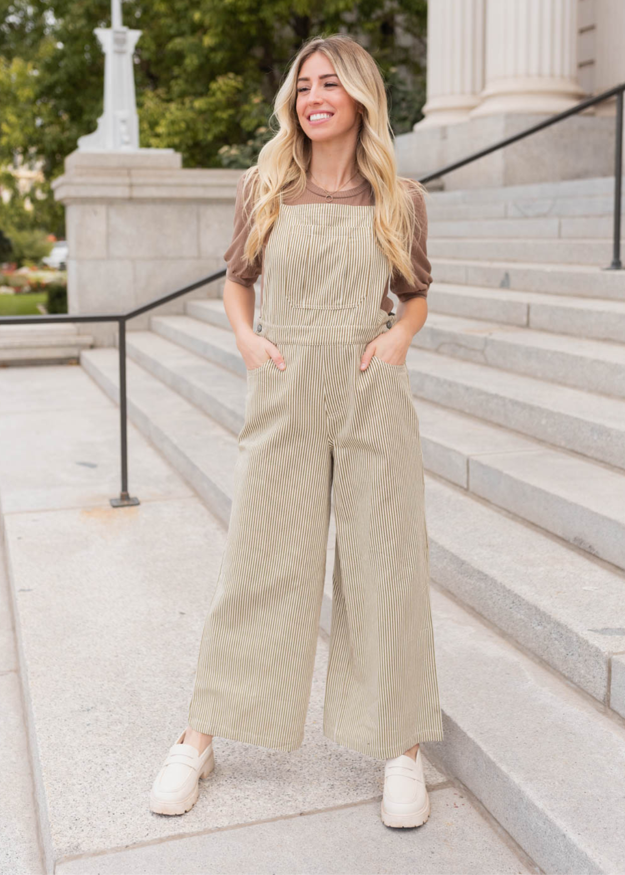 Olive stripe overalls