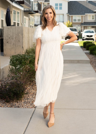 Short sleeve cream sheer ruffle dress