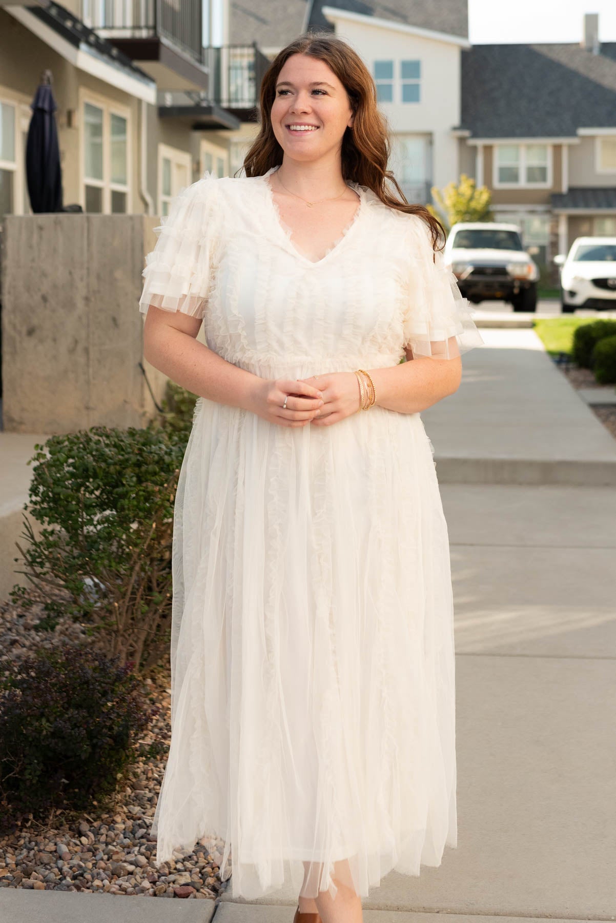 Cream sheer ruffle dress with short sleeves