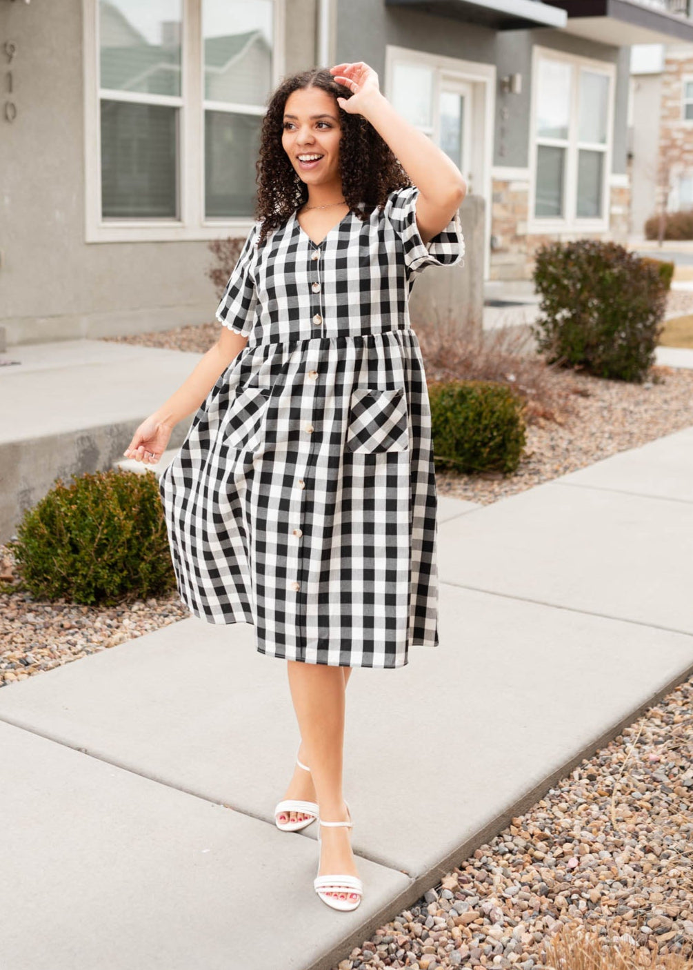 Short sleeve black gingham button dress