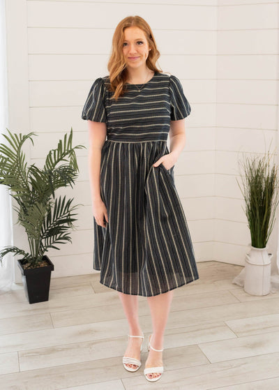 Below the knee navy jacquard stripe dress with pockets