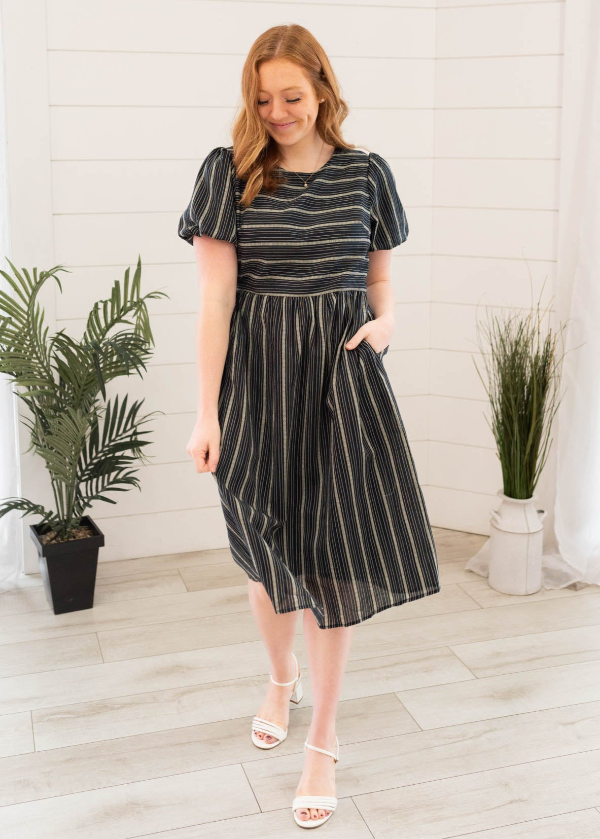 Navy jacquard stripe dress with pockets