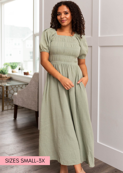 Short sleeve sage smocked dress