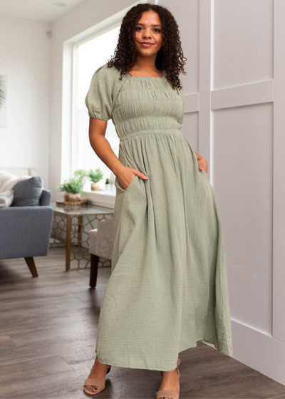 Sage smocked dress with pockets