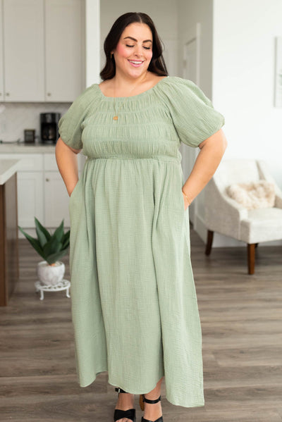 Short sleeve plus size sage smocked dress with pockets