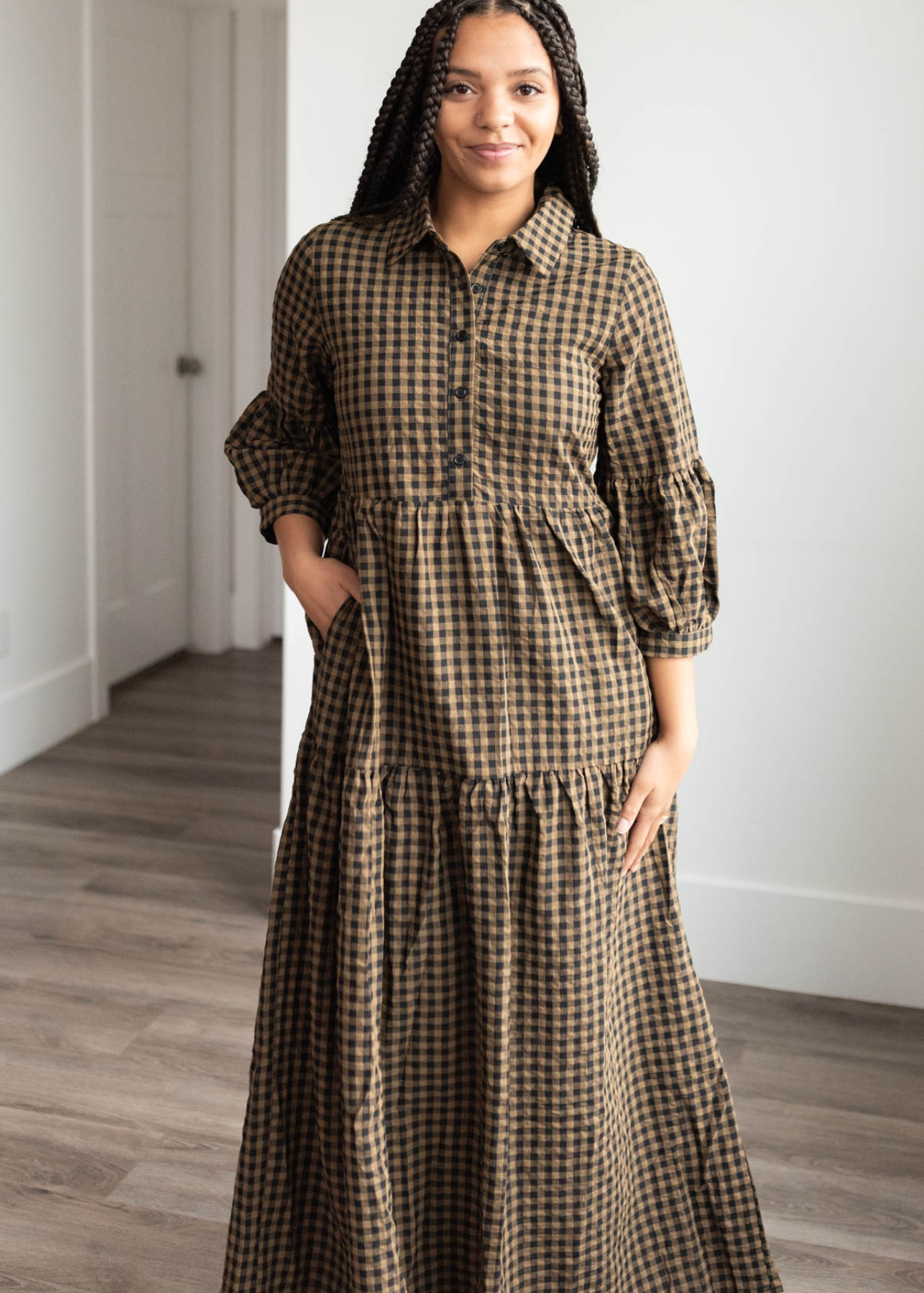 Ashlin Brown Gingham Tiered Dress