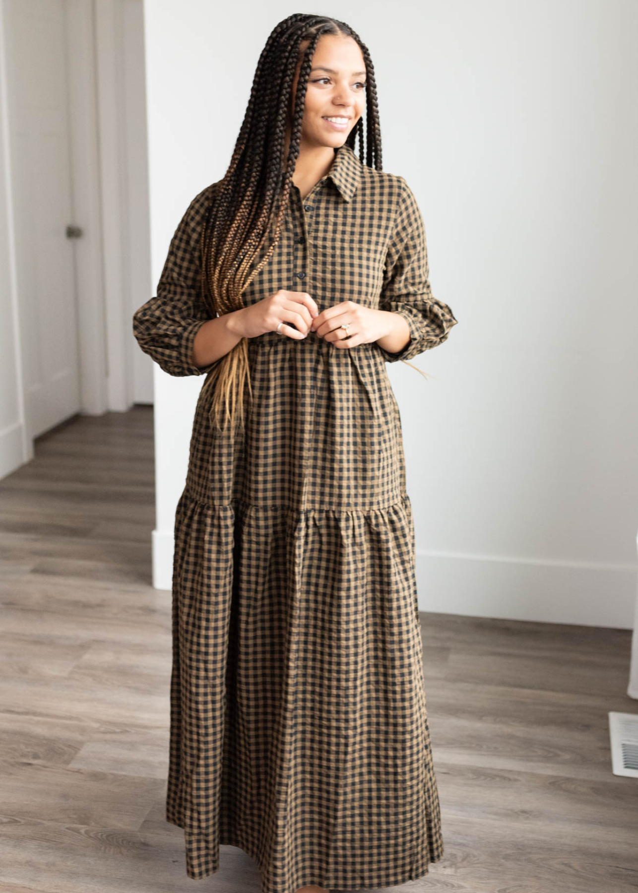 Brown gingham tiered dress