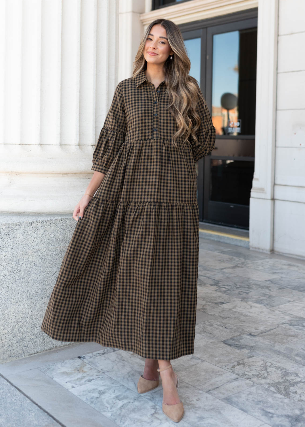 Long sleeve brown gingham tiered dress