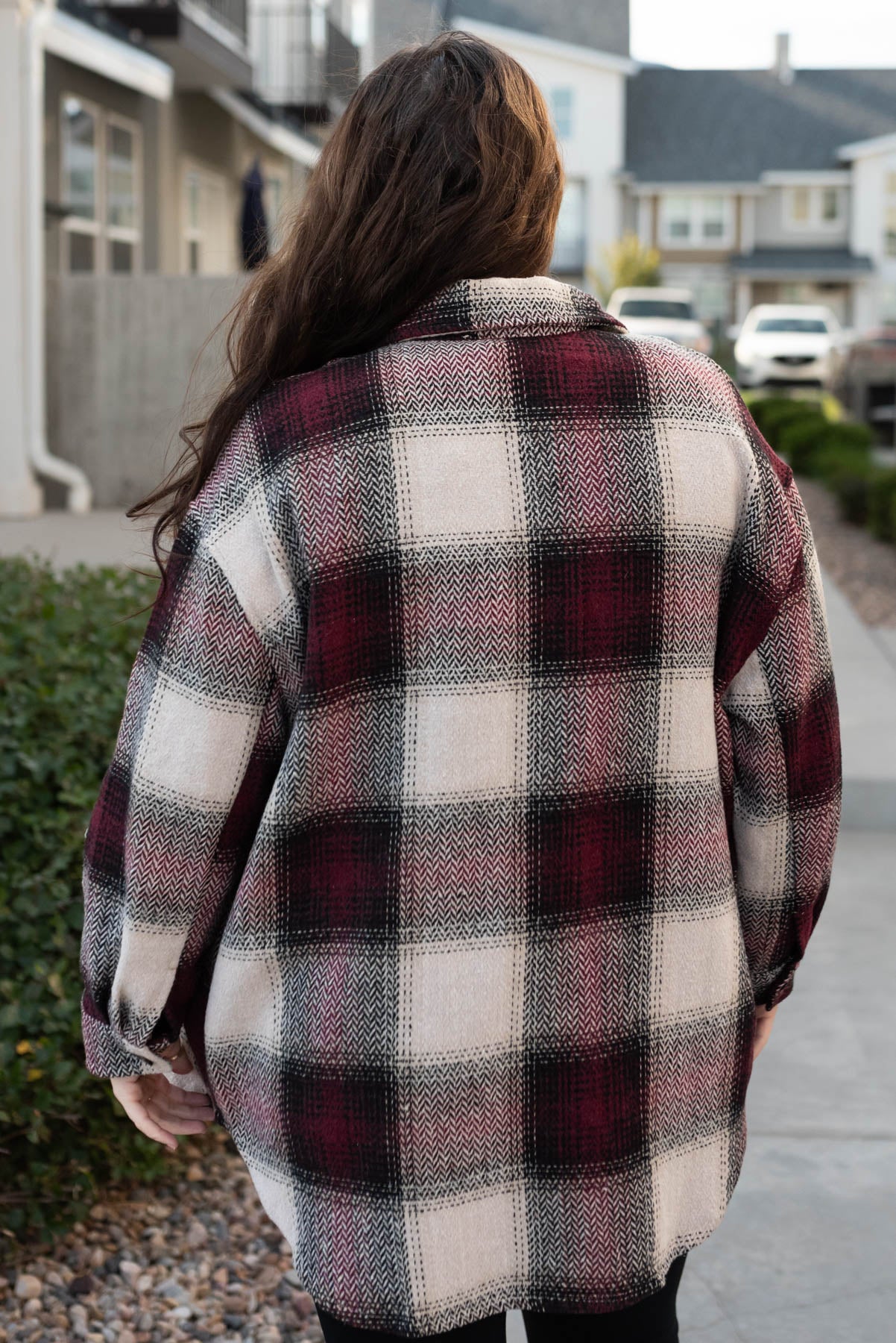 Back view of the burgundy pattern shacket