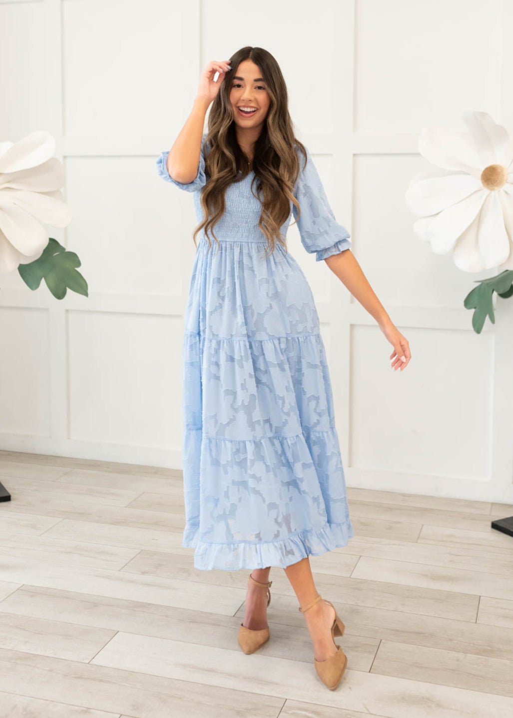 Short sleeve blue floral tiered dress