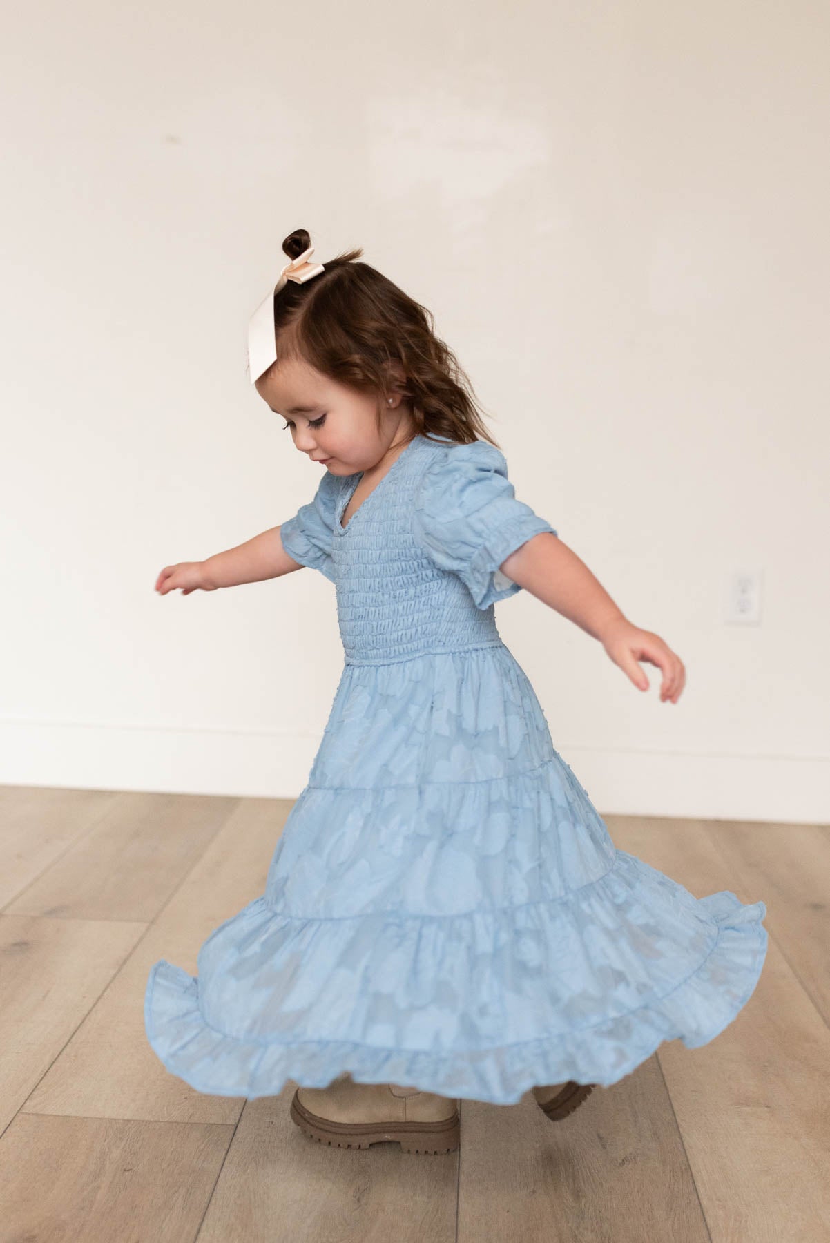 Blue floral tiered little girl dress with twirllable skirt