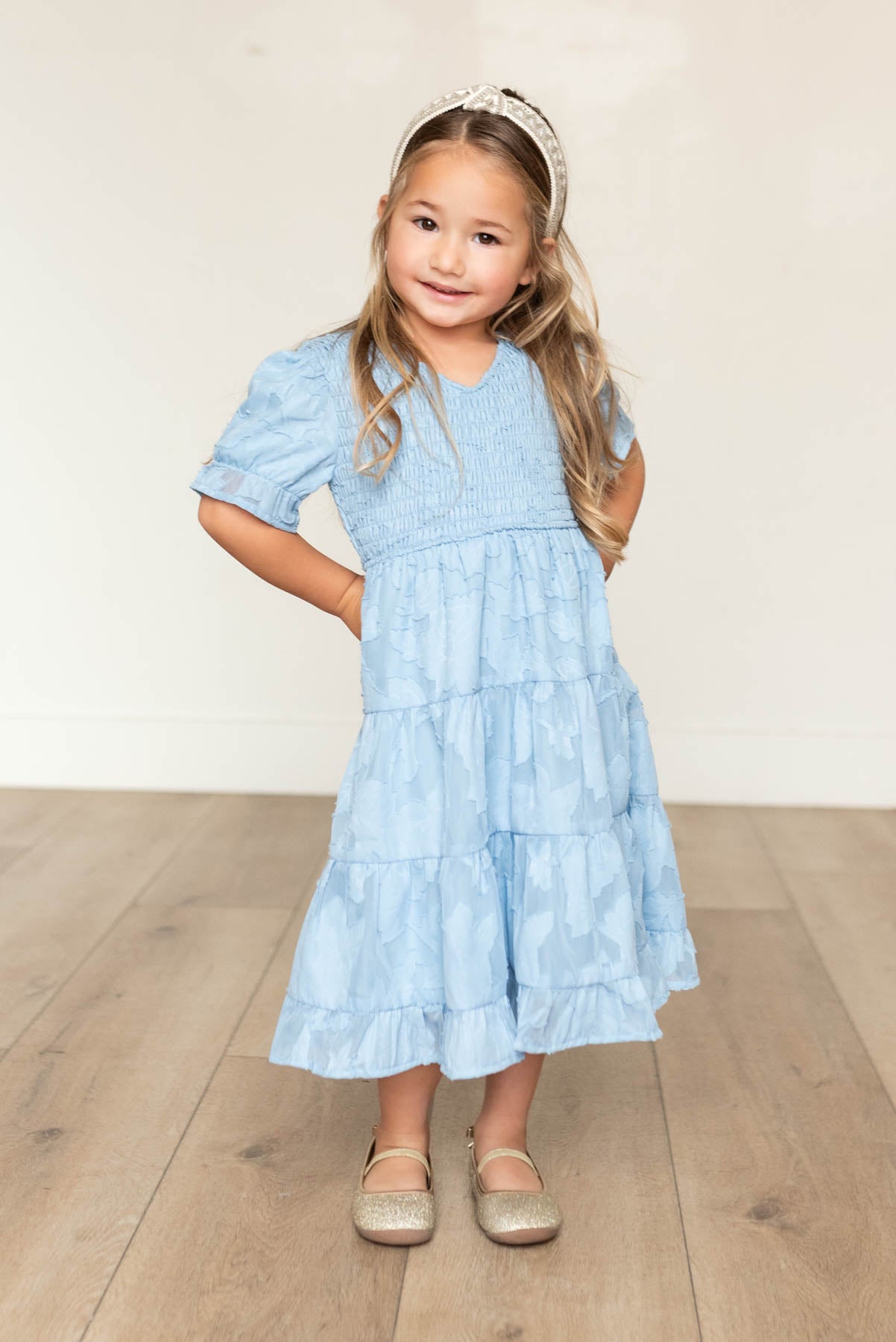 Short sleeve and smocked bodice on the blue flroal tiered little girl dress