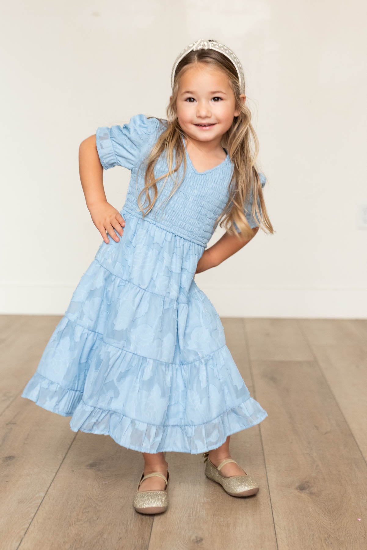 Blue floral tiered little girl dress with short sleeves