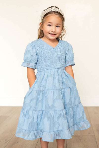 Short sleeve blue floral tiered little girl dress