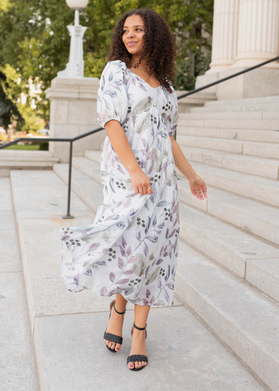 Lavender floral dress with short sleeves