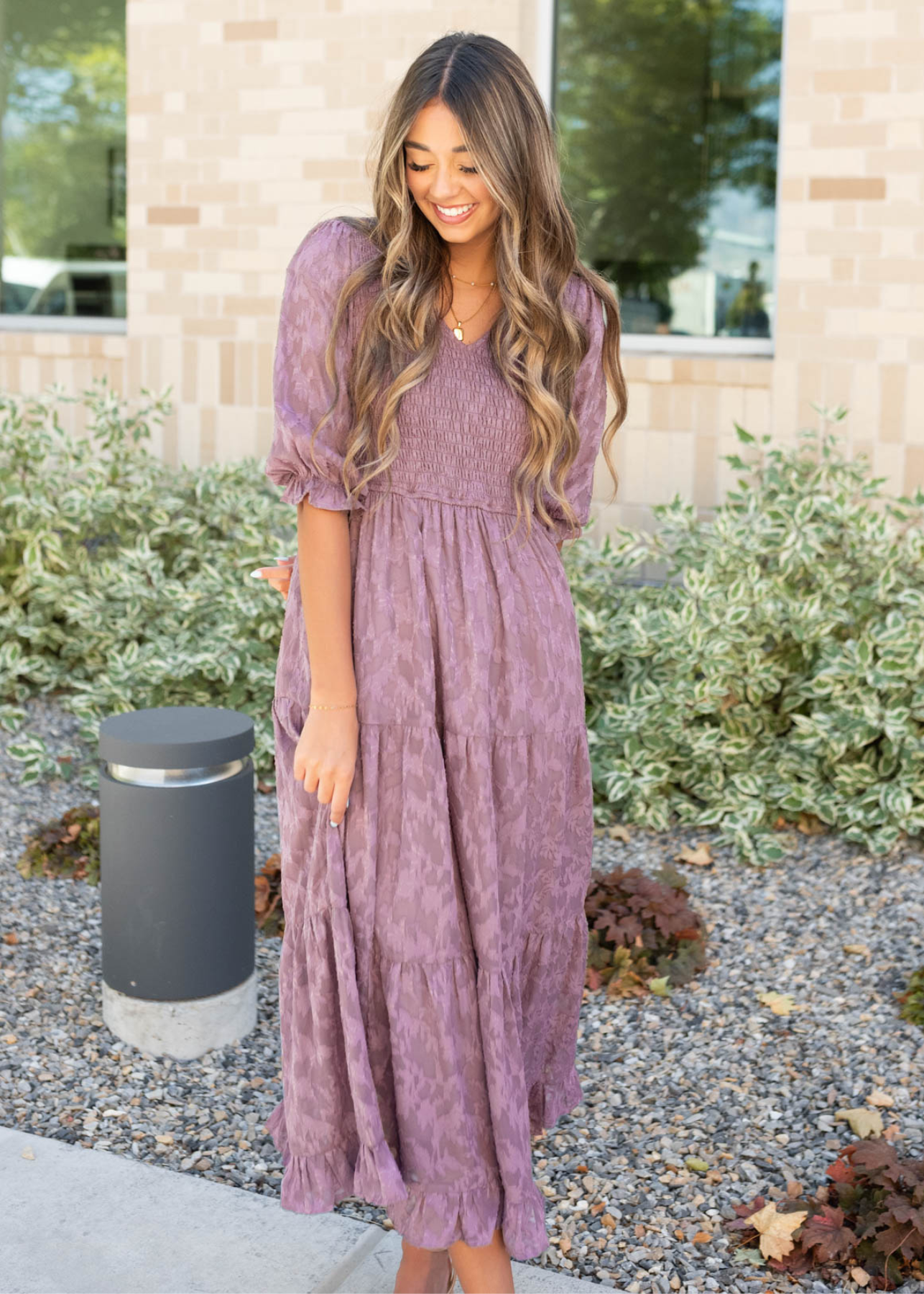 Dusty lilac floral dress with short sleeves