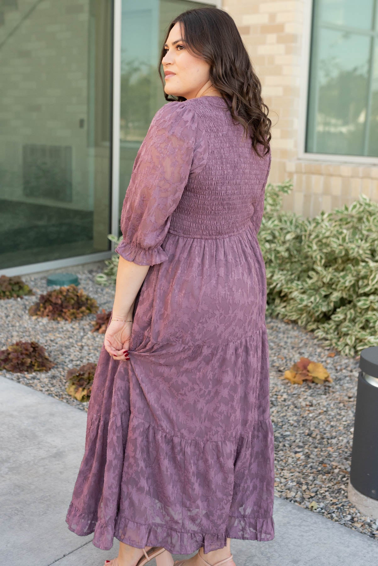 Side view of the dusty lilac floral dress