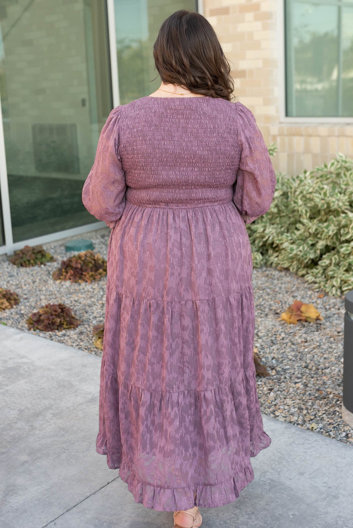 Back view of the dusty lilac floral dress