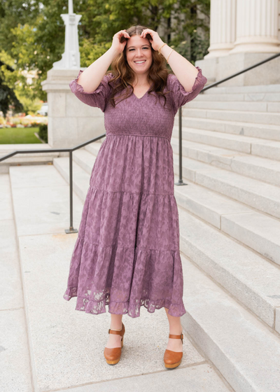 3/4 sleeve plus size purple floral dress