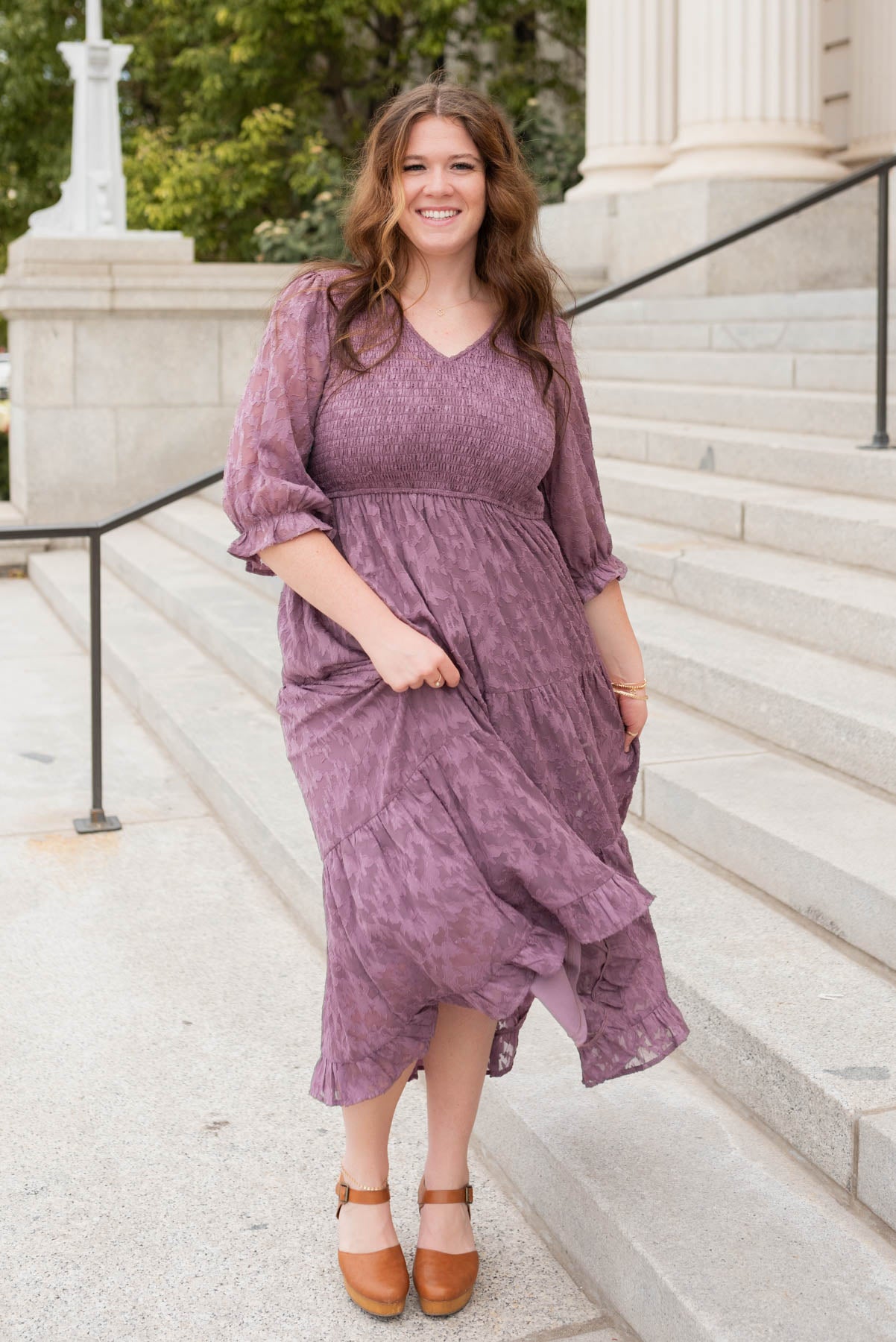 Plus size purple floral dress with 3/4 sleeves