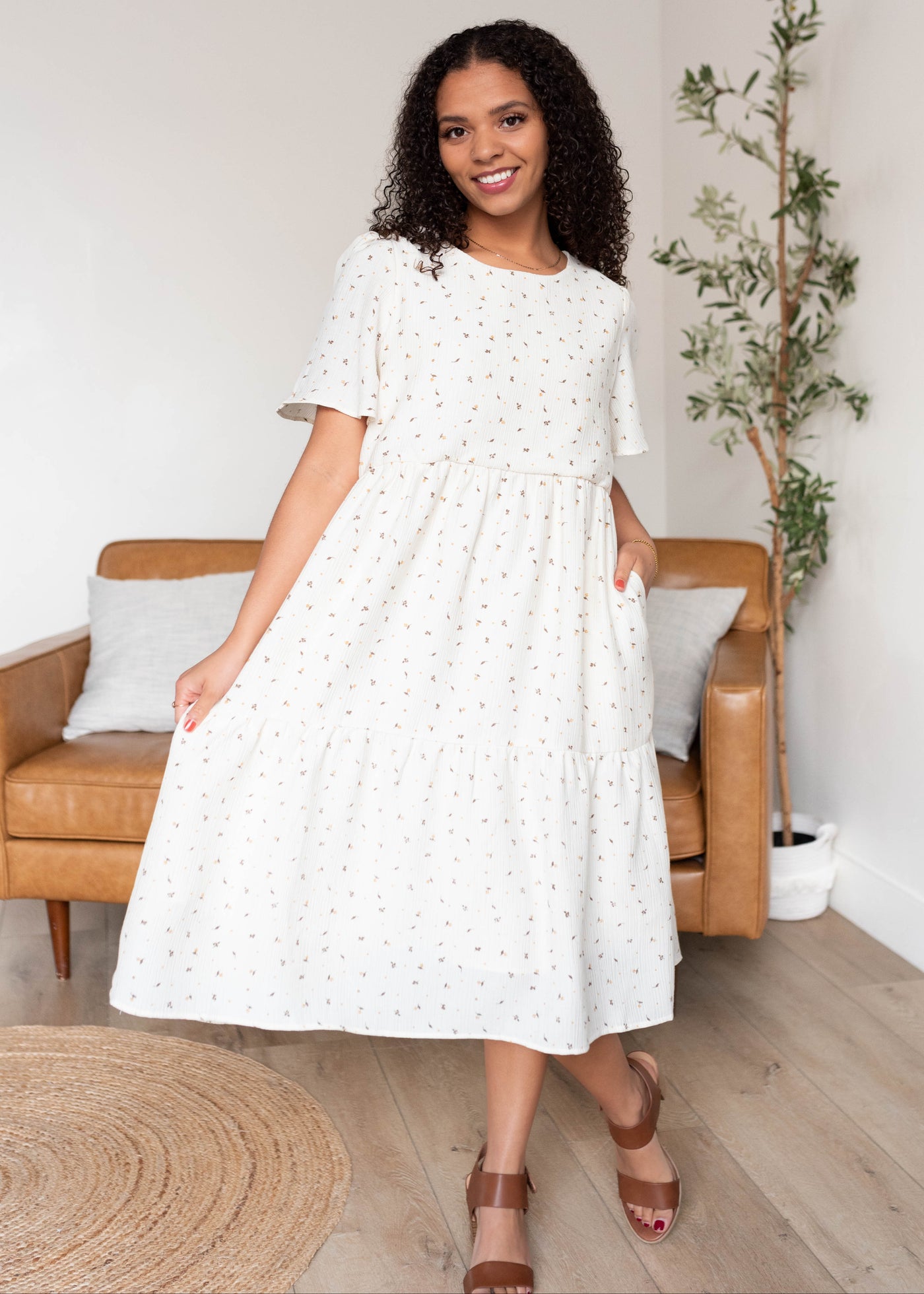 Ivory printed tiered dress with small flowers