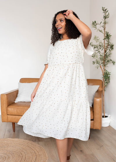 Short sleeve ivory printed tiered dress