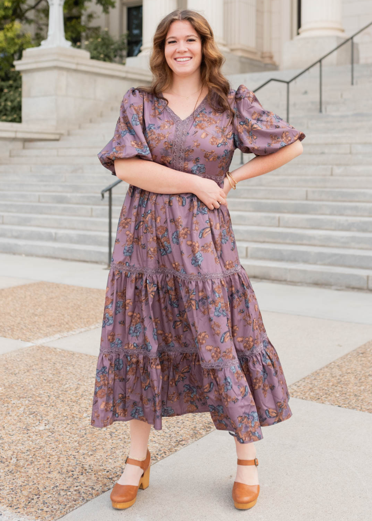 Short sleeve purple floral tiered dress in plus size