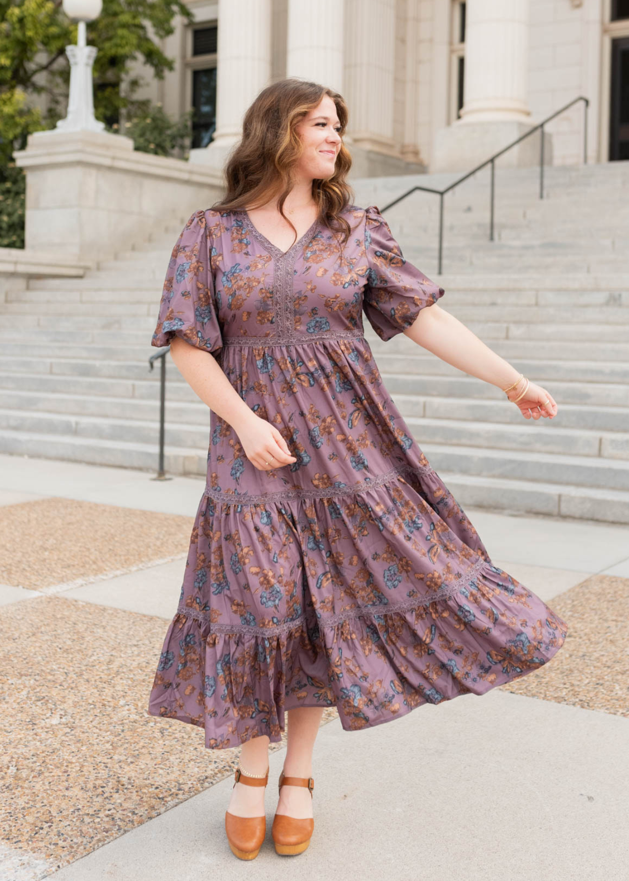 Purple floral tiered dress in plus size