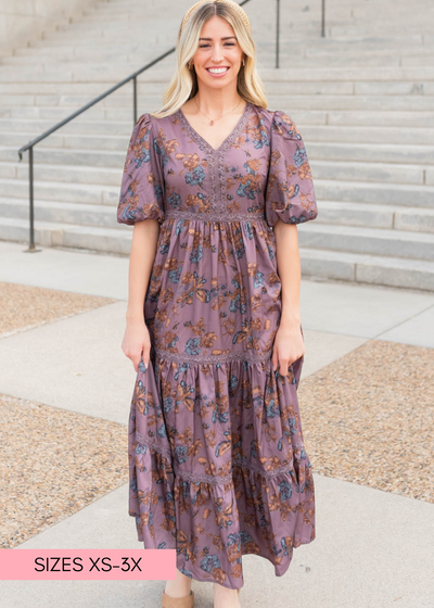 Purple floral tiered dress with lace trim