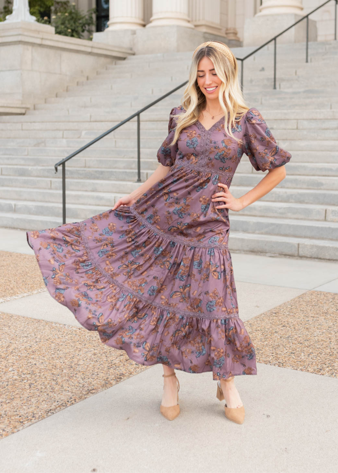 Purple floral tiered dress with short sleeves