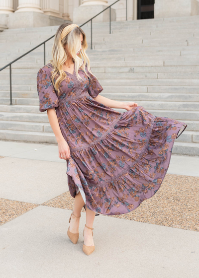 Short sleeve purple floral tiered dress