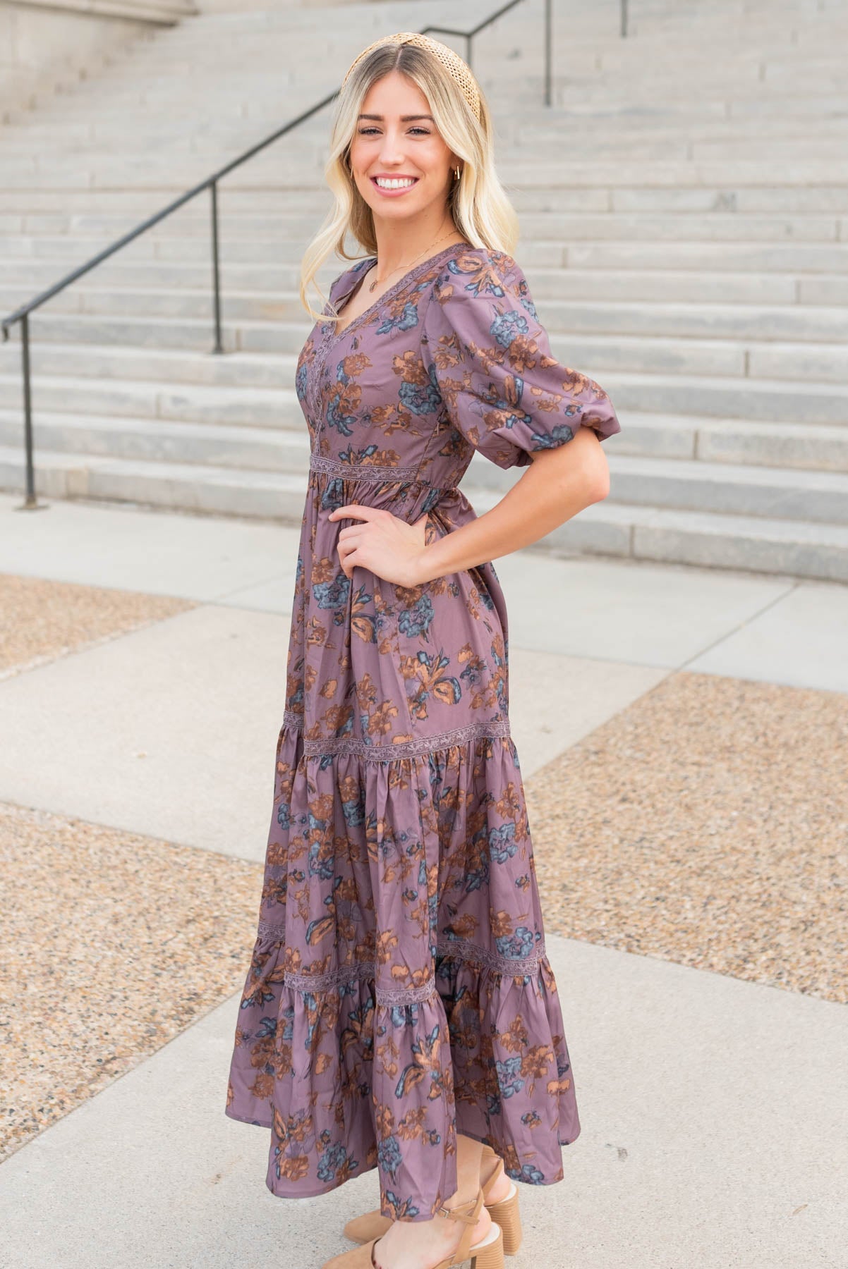 Side view of the purple floral tiered dress