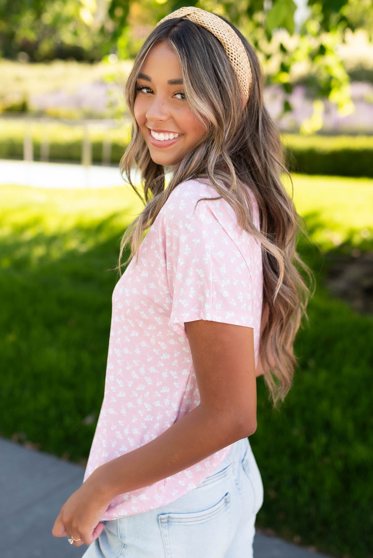 Side view of the pink floral top