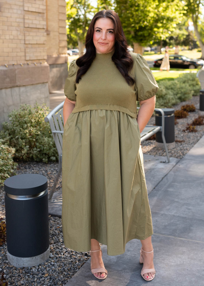 Plus size olive knit bodice dress