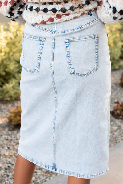 Back view of the light denim pencil skirt