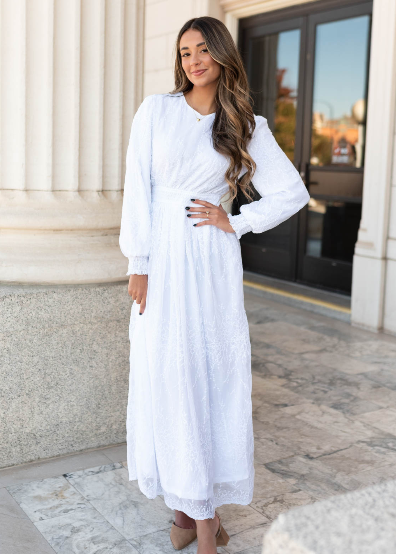 Long sleeve white embroidered maxi dress