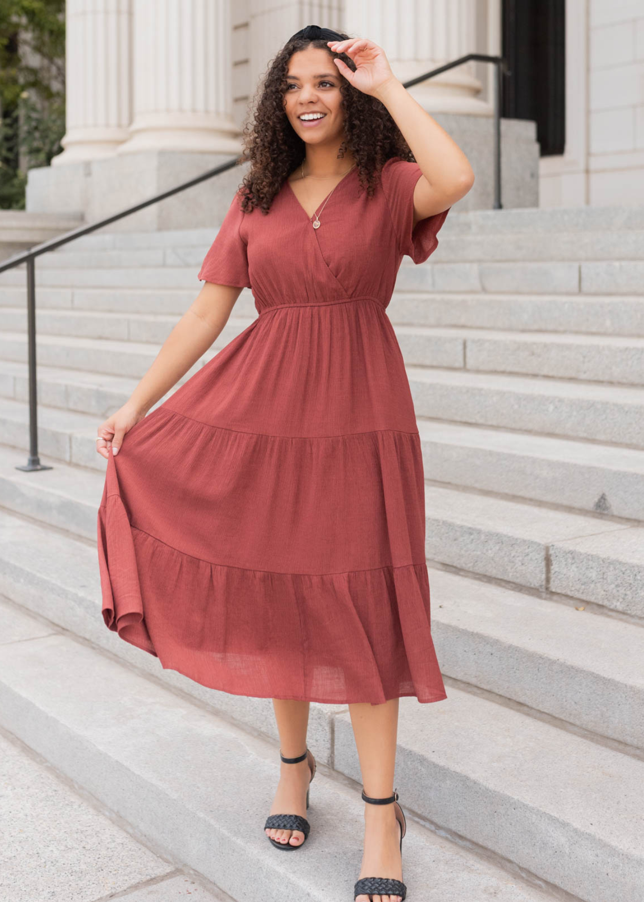 Terracotta tiered wrap dress