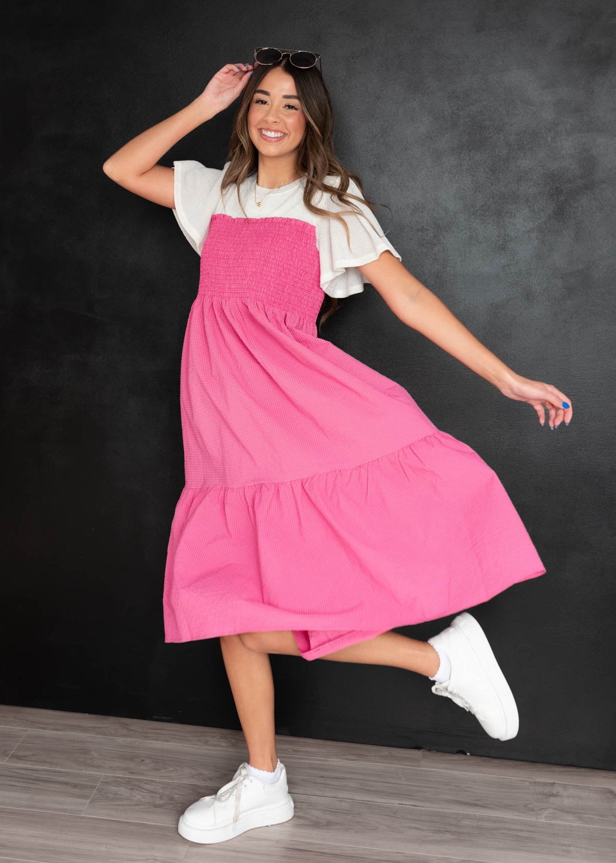 Pink tiered dress with smocked bodice