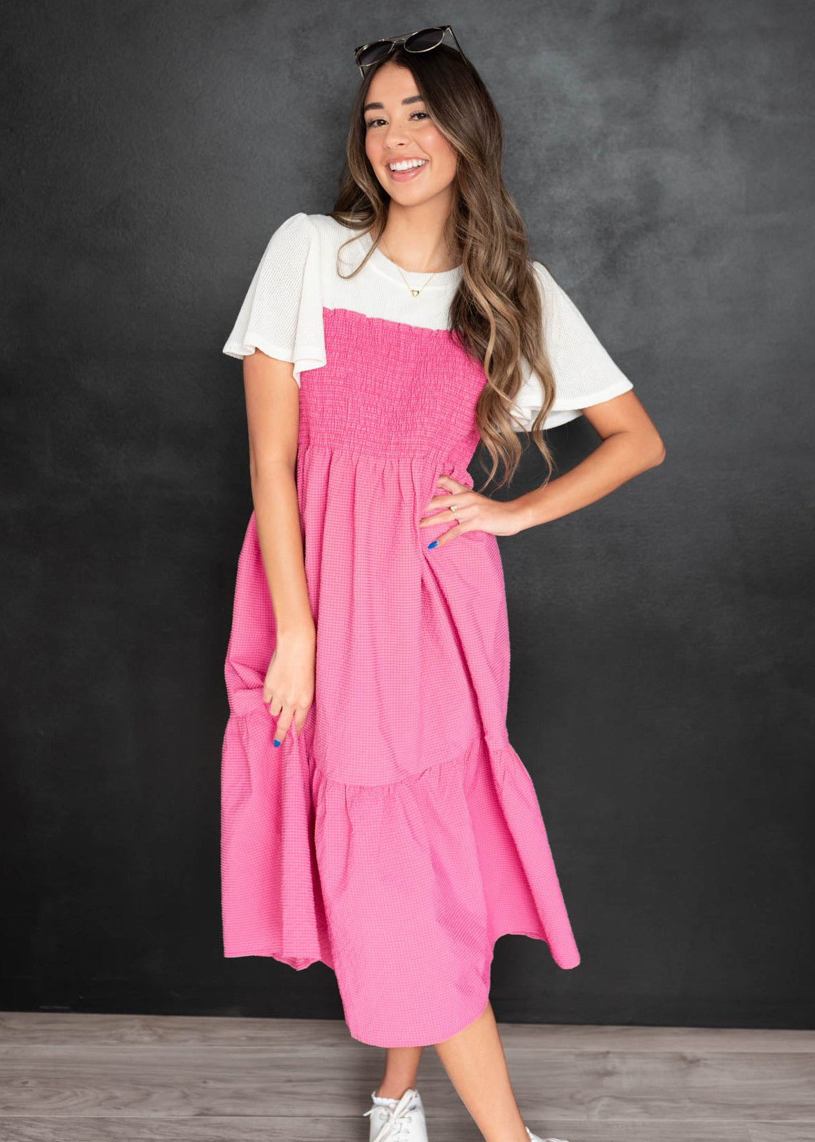 Pink tiered dress with short sleeves