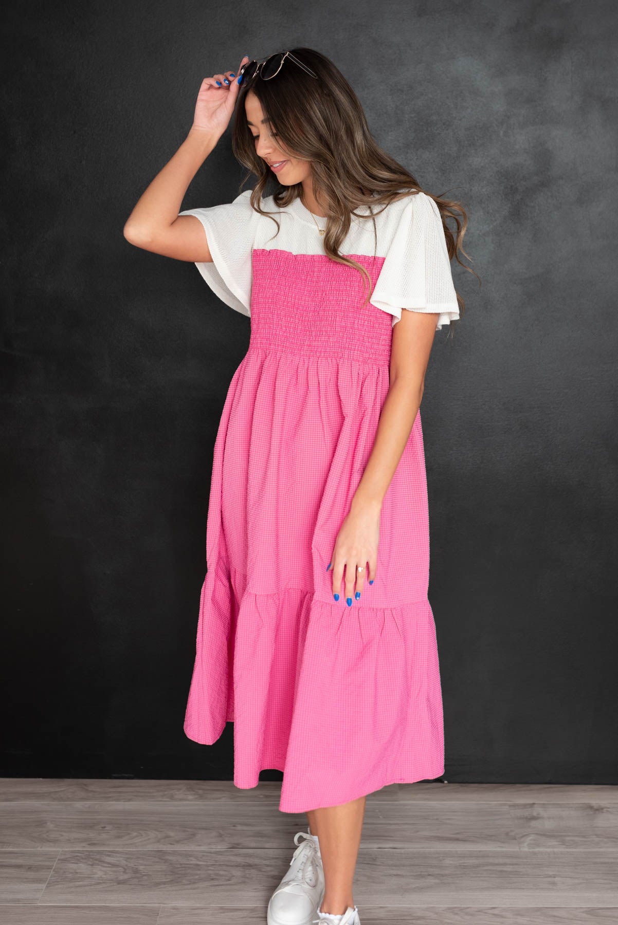 Short sleeve pink tiered dress