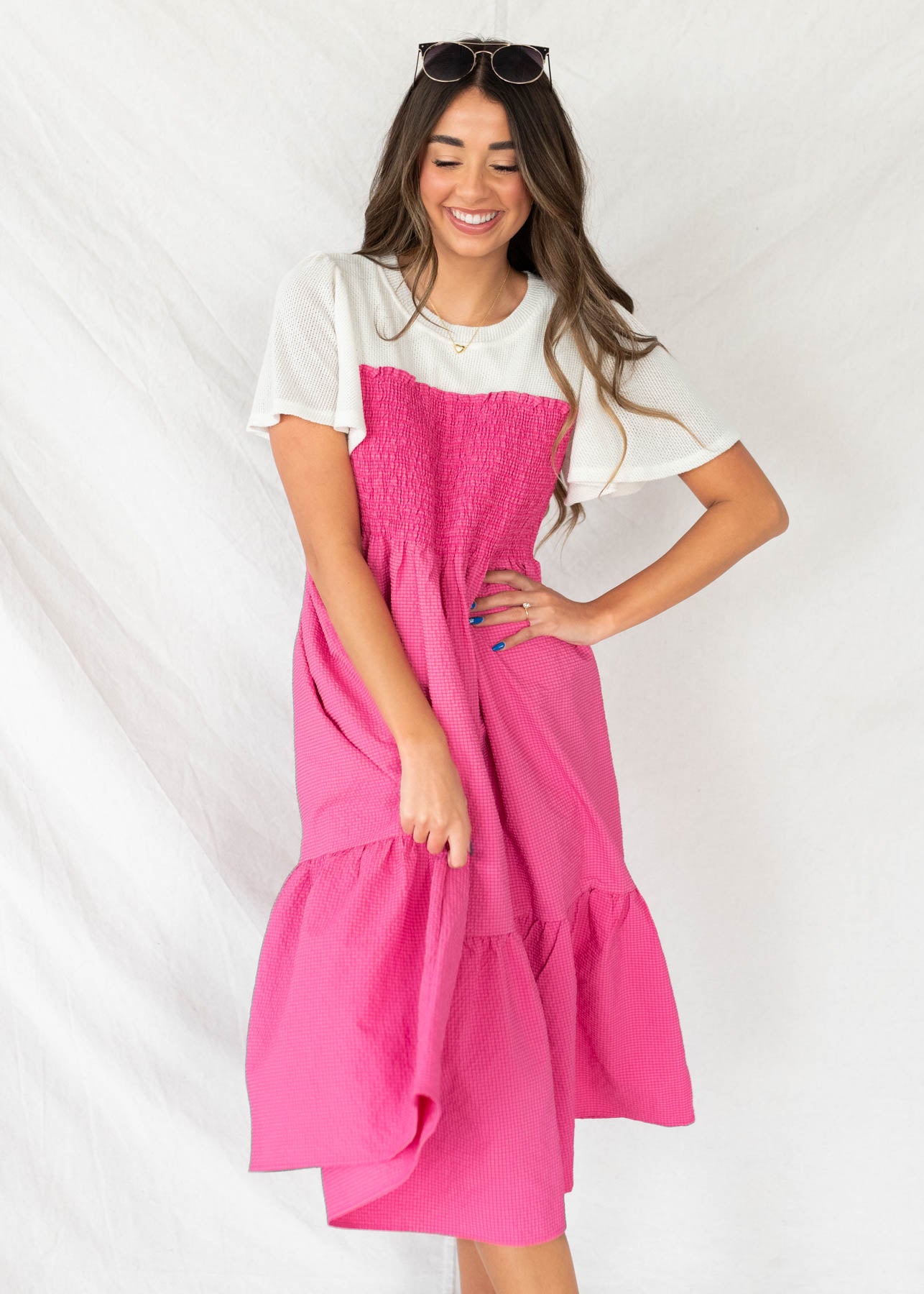 Pink tiered dress with white top