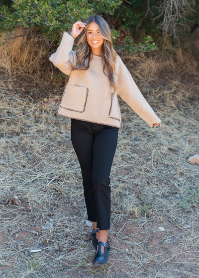 Taupe stitch pocket sweater with front pockets